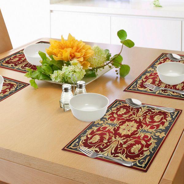 Abakuhaus Tovagliette Con Motivi Turchi, Spirale Ottomana Con Motivi Fogliari, Cornice Con Stile Filigranato Royal E Retro, Tessuto Lavabile Per Sala Da Pranzo, Cucina, Decorazioni Per La Tavola, Stampa Digitale, Senape Nera-image