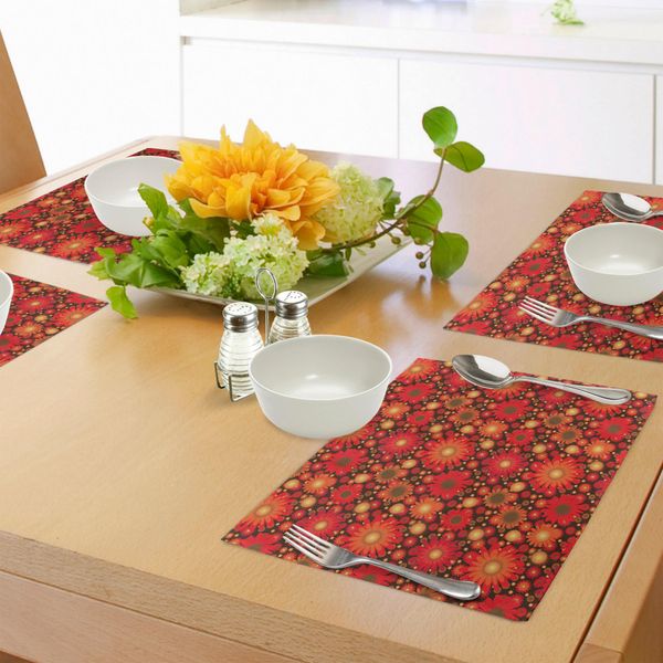 Abakuhaus Tovagliette Rosse E Marroni, Composizione Botanica Dai Colori Vivaci Con Gerbere E Margherite, Tiscjdeco In Tessuto Resistente Al Lavaggio Per La Sala Da Pranzo E La Cucina, Verde Scuro, Rosso Cinabro, Arancione-image