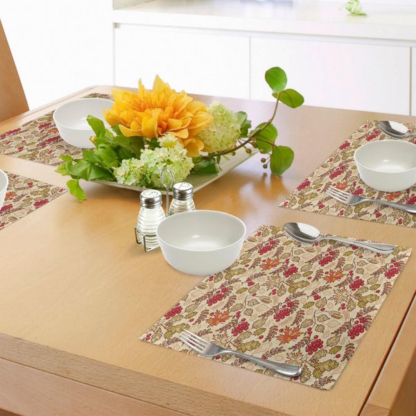 Abakuhaus Tovagliette In Sorbo, Motivo Misto A Tema Autunnale Con Foglie Autunnali Di Acero, Betulla E Quercia E Bacche Di Sorbo, Decorazioni Da Tavola In Tessuto Resistente Al Lavaggio Per La Sala Da Pranzo E La Cucina, Multicolore-image