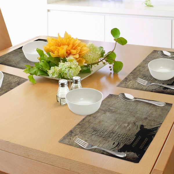 Tovagliette Abakuhaus Con Motivo Chitarra, Motivo Strumento Sbiadito Con Sfondo Vintage Decorato Con Disegno Macchiato, Tiscjdeco In Tessuto Resistente Al Lavaggio Per Sala Da Pranzo E Cucina, Marrone Chiaro Nero-image