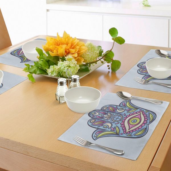 Tovagliette Abakuhaus Hamsa, Disegno Ispirato Alla Natura Primaverile Con Stampa Digitale Su Tessuto Lavabile Con Motivo Fatima, Ghirigori E Fiori Di Giglio, Decorazione Per La Tavola Da Cucina, Verde Rosa Blu-image