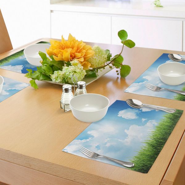 Abakuhaus Tovagliette Himmel, Immagine Di Una Giornata Di Sole Con Erba Verde, Raggi Di Sole, Nuvole, Bellezza Della Natura, Campagna, Prato, Tiscjdeco In Tessuto Resistente Al Lavaggio Per Sala Da Pranzo E Cucina, Bianco, Verde, Blu-image