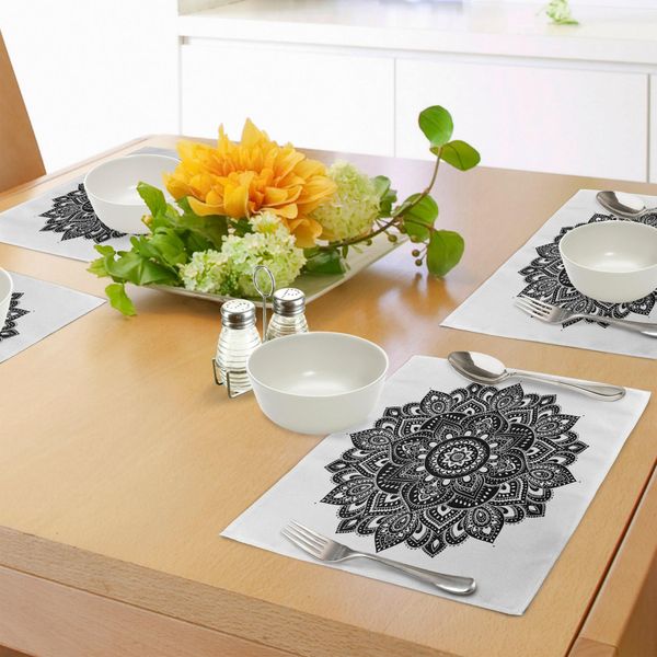 Tovagliette Abakuhaus All'henné, Decorazioni Floreali Etniche Con Motivi Artistici Orientali, Culture Antiche, Stile Vintage, Tovagliette Decorative In Tessuto Resistente Al Lavaggio Per Sala Da Pranzo E Cucina, Bianco E Nero-image
