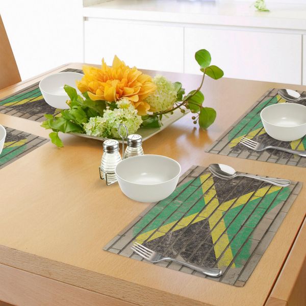 Abakuhaus Tovagliette Giamaicane, Bandiera Sulla Parete Illustrazione Con Effetto Gesso Old Bricks Grunge Design Caraibi, Tiscjdeco In Tessuto Resistente Al Colore Per La Sala Da Pranzo E La Cucina, Multicolore-image
