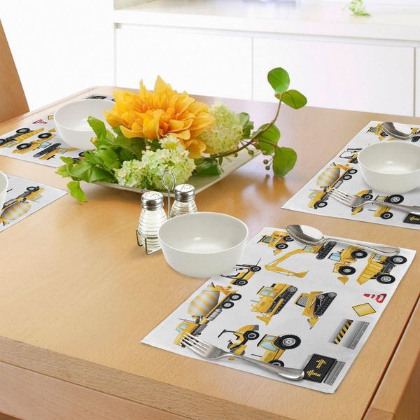 Abakuhaus "Tovagliette Per Bambini, Illustrazione Con Macchinari Da Cantiere E Personaggi Dei Cartoni Animati Di Colore Giallo, Tiscjdeco In Tessuto Resistente Ai Colori Per La Sala Da Pranzo E La Cucina, Marrone Giallo Nero Rosso"-image
