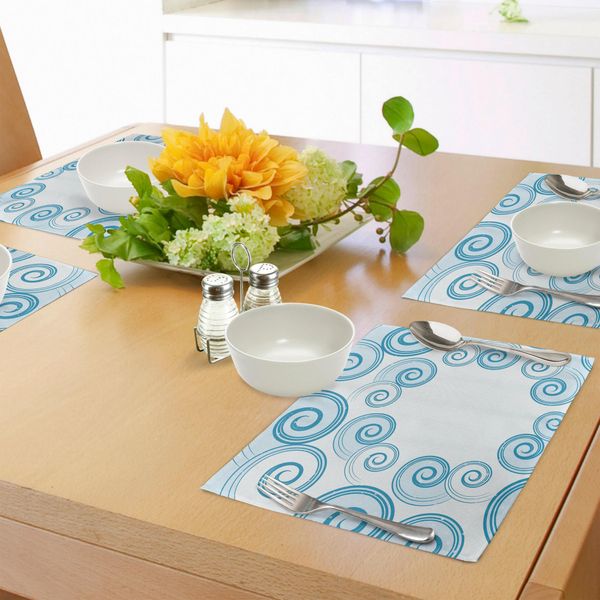 Abakuhaus Tovagliette Blu-Verde E Bianche, Design Ispirato Alle Onde Dell'oceano Con Spirali Astratte Blu Che Ricordano I Vortici Dell'acqua Marina, Tiscjdeco In Tessuto Resistente Al Lavaggio Per La Sala Da Pranzo E La Cucina, Bianco E Blu.-image