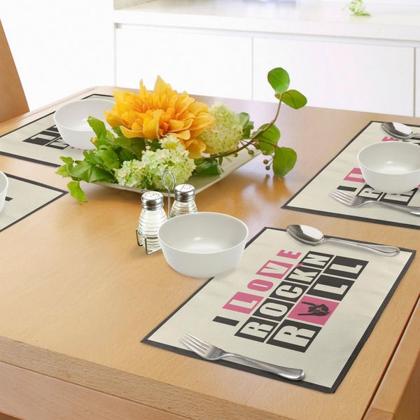 Tovagliette Abakuhaus Rockmusik, Slogan Retrò Rock'n Roll Elementi Di Design Grunge Vintage Astratto, Tiscjdeco In Tessuto Resistente Al Lavaggio Per La Sala Da Pranzo E La Cucina, Grigio Antracite Beige Rosa-image