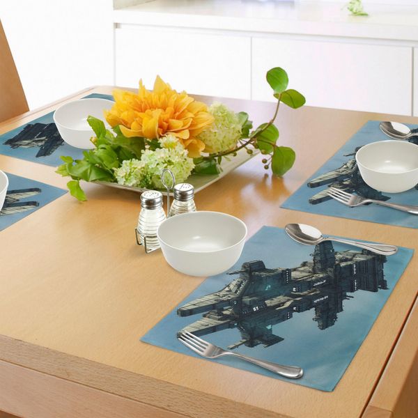 Abakuhaus Tovagliette Fantasia, Illustrazione Fantascientifica Di Astronave Aliena, Esseri Extraterrestri, Ufo Realistico, Decorazione Da Tavola In Tessuto Resistente Al Lavaggio Per Sala Da Pranzo E Cucina, Azzurro Grigio-image