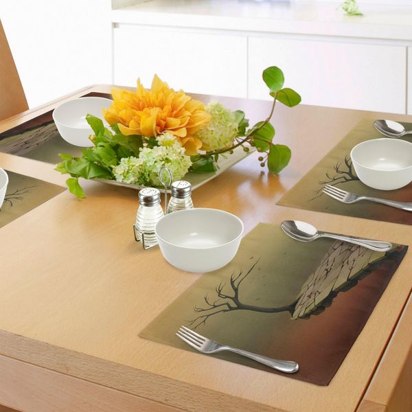 Abakuhaus Tovagliette Fantasia, Albero Su Una Scogliera E Foglie Volanti Arid Country Precipice Siccità, Tiscjdeco In Tessuto Resistente Al Lavaggio Per La Sala Da Pranzo E La Cucina, Marrone Sabbia Cannella Kaki-image