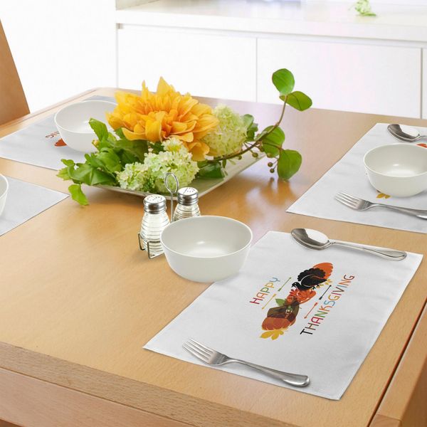 Tovagliette Abakuhaus Con Motivo Tacchino, Uccellino E Zucca, Silhouette Di Cappello Da Viaggiatore Con Illustrazione Festiva Di Ringraziamento, Decorazione Da Tavola In Tessuto Resistente Ai Colori Per La Sala Da Pranzo E La Cucina, Multicolore-image
