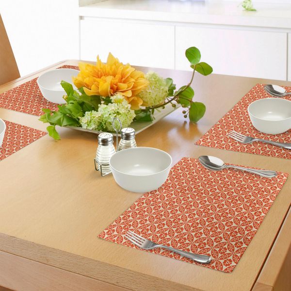 Abakuhaus Tovagliette Geometriche, Motivo Floreale Classico Giapponese, Disegno A Griglia E Cerchi Intrecciati, Tovaglietta Decorativa In Tessuto Resistente Al Lavaggio Per La Sala Da Pranzo E La Cucina, Rosso Cinabro Crema-image