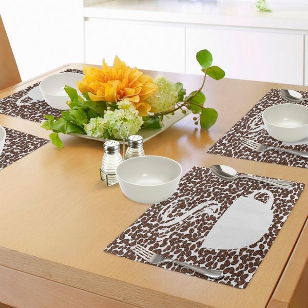 Tovagliette Abakuhaus, Silhouette Di Una Tazza Di Caffè Bollente Su Chicchi Di Arabica Freschi E Aromatici Gourmet Choice, Tiscjdeco In Tessuto Resistente Al Lavaggio Per La Sala Da Pranzo E La Cucina, Bianco Marrone-image