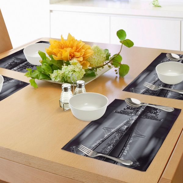 Abakuhaus Tovagliette Bianche E Nere, Panorama Metropolitano Del San Francisco Bay Bridge Con Grattacieli, Tiscjdeco In Tessuto Resistente Ai Colori Per La Sala Da Pranzo E La Cucina, Bianco Nero Grigio-image