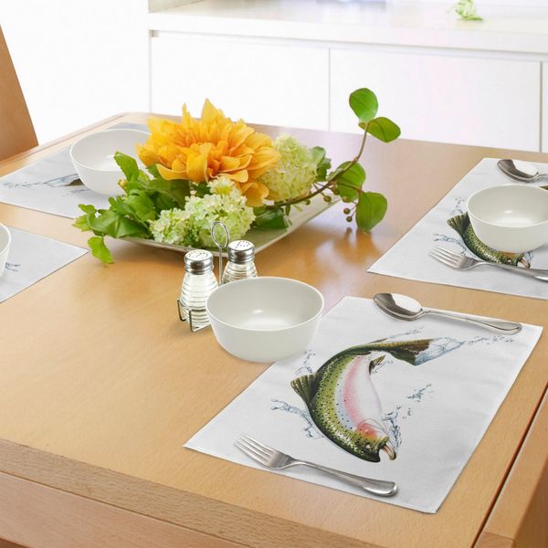 Tovagliette Abakuhaus Con Motivo Ittico, Salmone Che Salta Fuori Dall'acqua Con Spruzzi D'acqua, Disegno Cartoon Fotorealistico Aerografato, Tiscjdeco In Tessuto Resistente Al Lavaggio Per Sala Da Pranzo E Cucina, Multicolore-image