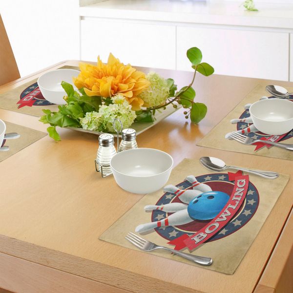 Tovagliette Abakuhaus Bowling Party, Emblema Sportivo Retrò Vecchio Stile Con Nastro E Design Tipografico, Tiscjdeco In Tessuto Resistente Al Lavaggio Per La Sala Da Pranzo E La Cucina, Multicolore-image