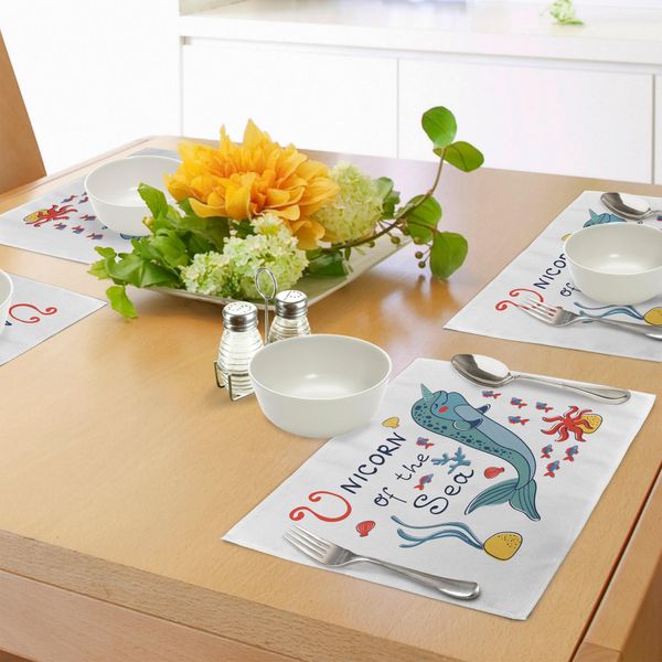 Tovagliette Abakuhaus Narvalo, Colorate Con Narvali Che Nuotano Con Il Branco Di Pesci Unicorno Marini, Tiscjdeco In Tessuto Resistente Ai Colori Per La Sala Da Pranzo E La Cucina, Multicolore-image