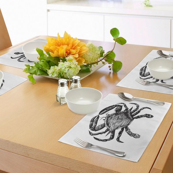Tovagliette Abakuhaus Con Motivo A Granchi, Disegno Monocromatico Di Un Animale Della Famiglia Dei Crostacei, Grafica Ispirata Al Mare, Tiscjdeco In Tessuto Resistente Al Lavaggio Per La Sala Da Pranzo E La Cucina, Bianco E Nero-image