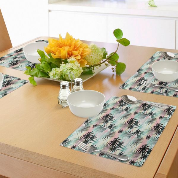 Tovagliette Abakuhaus Hawaii, Palme Estive E Foglie Di Felce Esotiche Su Sfondo Astratto Colorato, Decorazioni Da Tavola In Tessuto Resistente Al Lavaggio Per La Sala Da Pranzo E La Cucina, Multicolore-image