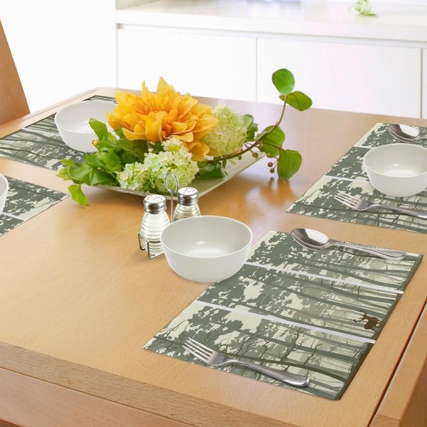 Tovagliette Abakuhaus Wald, Strisce Verticali Con Alberi Alti E Illustrazione Naturalistica Di Un Cervo Solitario, Tiscjdeco In Tessuto Resistente Al Lavaggio Per La Sala Da Pranzo E La Cucina, Verde Salvia Marrone Crema-image