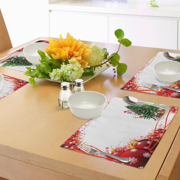Tovagliette Abakuhaus Babbo Natale, Babbo Natale E Renna Sorridente Dietro Un Pino Festivo In Una Cornice Rossa Con Palline, Decorazione Da Tavola In Tessuto Resistente Al Lavaggio Per La Sala Da Pranzo E La Cucina, Multicolore-image