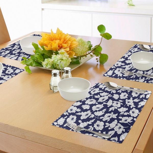 Abakuhaus Tovagliette Blu Navy E Bianche, Composizione Botanica Con Papaveri In Un Semplice Corpetto Femminile Bianco, Tiscjdeco In Tessuto Resistente Al Lavaggio Per La Sala Da Pranzo E La Cucina, Blu Navy E Bianco-image