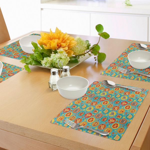 Abakuhaus Tovagliette Con Animali Cartoon, Facce Di Animali Dei Fumetti Su Pois Colorati Happy Kindergarten Fun Zeichen Kids, Decorazioni Per La Tavola In Tessuto Resistente Ai Colori Per La Sala Da Pranzo E La Cucina, Multicolore-image