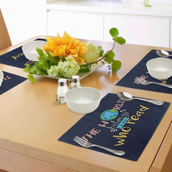 Abakuhaus Tovagliette, Il Mondo Appartiene A Coloro Che Leggono Citazioni Ispiratrici Stampate Su Sfondo Blu Scuro, Decorazioni Da Tavola In Tessuto Resistente Al Lavaggio Per La Sala Da Pranzo E La Cucina, Multicolore-image