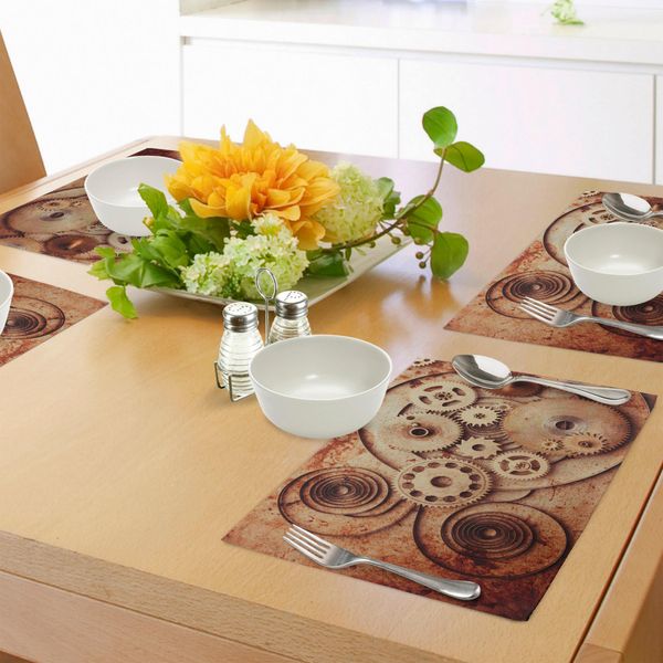 Abakuhaus Tovagliette Vintage, Orologi Meccanici Dettagli Sfondo Effetto Ruggine Design Steampunk Con Ingranaggi, Tovaglietta Decorativa In Tessuto Resistente Ai Colori Per La Sala Da Pranzo E La Cucina, Arancione Scuro Beige-image