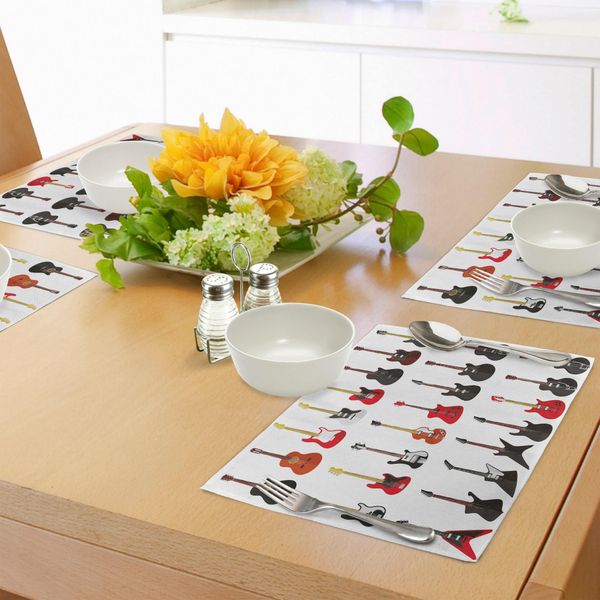 Tovagliette Abakuhaus Con Motivi Musicali, Set Di Strumenti Musicali Con Diversi Bassi Acustici, Stampa Digitale Su Tessuto Lavabile, Decorazione Da Tavola Per La Cucina, Rosso Cinabro, Bianco, Nero-image