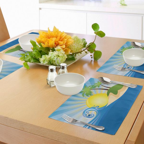 Tovagliette Da Spiaggia Abakuhaus, Illustrazione Estiva Con Raggi Di Sole E Isola Tropicale, Tiscjdeco In Tessuto Resistente Al Lavaggio Per Sala Da Pranzo E Cucina, Giallo Verde Blu-image