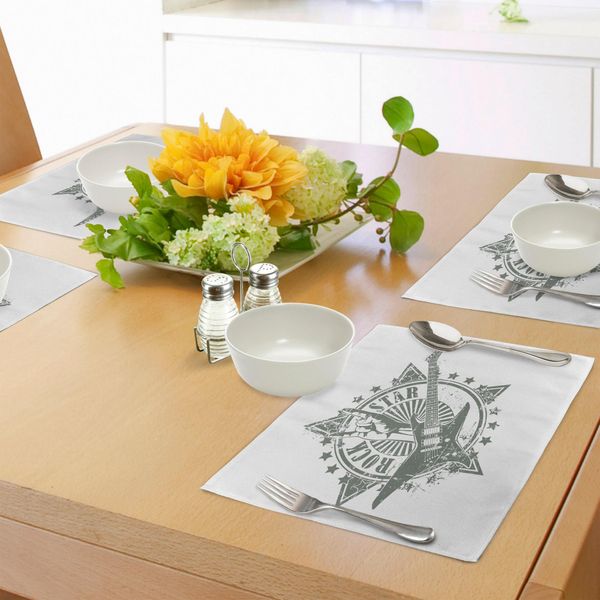 Tovagliette Abakuhaus Con Chitarra, Stelle Con Rock Design Monocromatico Con Strumenti Musicali Rockstar Life Cantare, Tiscjdeco In Tessuto Resistente Al Lavaggio Per Sala Da Pranzo E Cucina, Grigio Chiaro Bianco-image