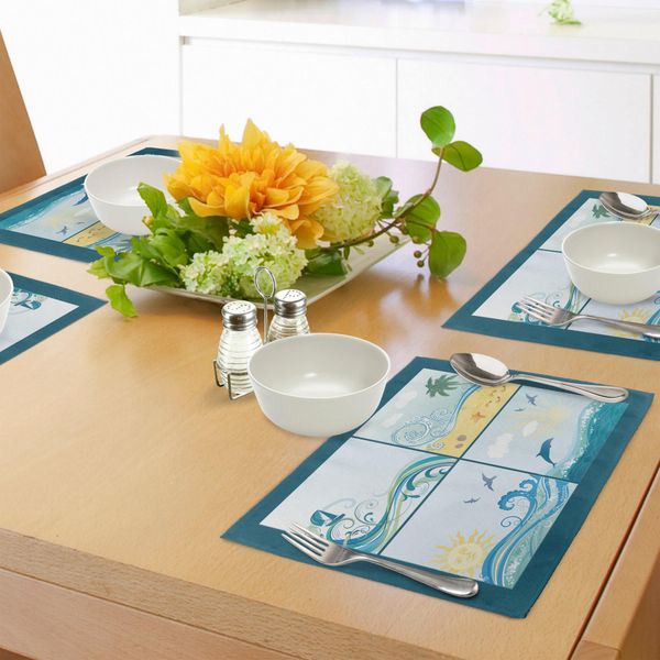 Tovagliette Da Spiaggia Abakuhaus, Cornici A Tema Marittimo Con Onde, Alberi, Delfini, Uccelli E Motivi Marini Esotici, Tiscjdeco In Tessuto Resistente Al Colore Per La Sala Da Pranzo E La Cucina, Beige, Verde, Blu-image