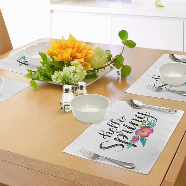 Abakuhaus Tovagliette, Scritta A Mano "Ciao Primavera"" Su Ornamento Floreale Acquerellato Dai Colori Vivaci, Tiscjdeco In Tessuto Resistente Al Lavaggio Per La Sala Da Pranzo E La Cucina, Multicolore"-image