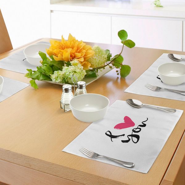 Abakuhaus Tovagliette Amore, Disegno Fatto A Mano Happy Valentines Day Calligrafia Arte Scrittura Romantica, Tiscjdeco In Tessuto Resistente Al Colore Per La Sala Da Pranzo E La Cucina, Rosa Bianco Nero-image