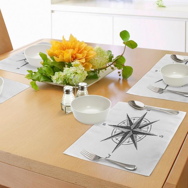 Tovagliette Abakuhaus Kompass, Rosa Dei Venti Disegnata A Mano Con Indicazioni Complete Nord-Sud-Ovest, Tiscjdeco In Tessuto Resistente Al Lavaggio Per La Sala Da Pranzo E La Cucina, Grigio Antracite Bianco-image