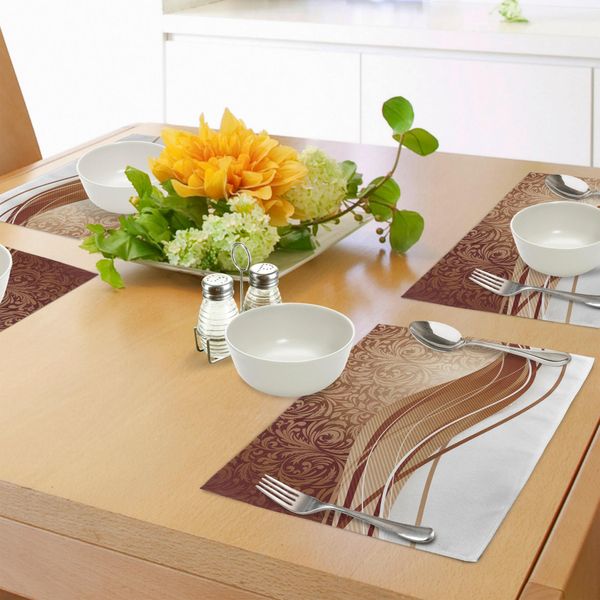 Tovagliette Abakuhaus In Cioccolato, Marrone Chiaro Classici Motivi Medievali Con Foglie E Strisce Ricurve, Tiscjdeco In Tessuto Resistente Al Lavaggio Per La Sala Da Pranzo E La Cucina, Marrone Chiaro Beige-image