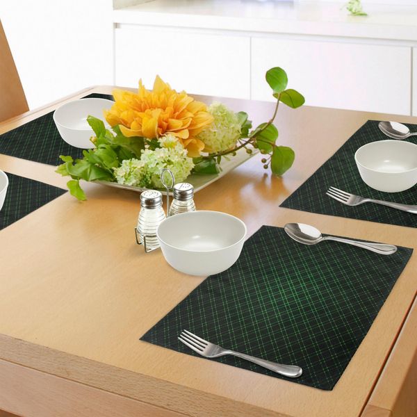 Tovagliette Abakuhaus Verde Bosco, Forma Geometrica Astratta Su Sfondo Scuro Futuristic Grid Checkered Pattern, Tiscjdeco In Tessuto Resistente Al Lavaggio Per Sala Da Pranzo E Cucina, Nero Verde-image