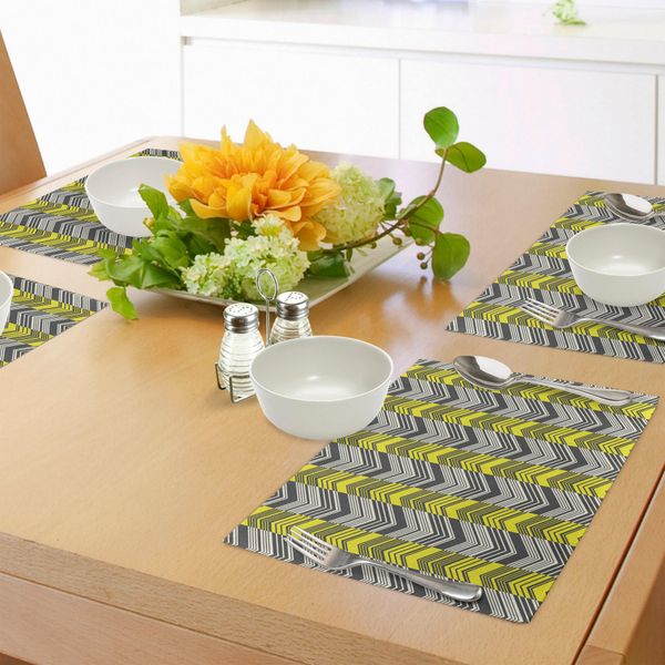 Abakuhaus Tovagliette Gialle E Bianche, Motivo A Spina Di Pesce Con Linee Angolate, Chevron Geometrico A Zigzag, Tiscjdeco In Tessuto Resistente Al Lavaggio Per La Sala Da Pranzo E La Cucina, Giallo Crema Grigio-image