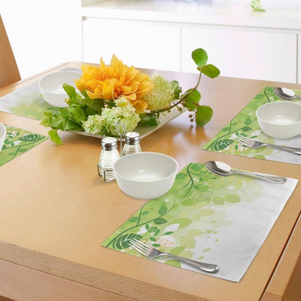Abakuhaus Tovagliette Verdi, Composizione Floreale Astratta Primaverile Con Foglie E Fiori Fantasia, Decorazioni Da Tavola In Tessuto Resistente Al Lavaggio Per La Sala Da Pranzo E La Cucina, Giallo Bianco Verde-image