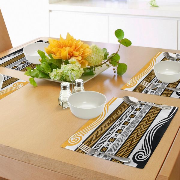 Abakuhaus Tovagliette Greche Con Motivi Neoclassici, Collezione Con Motivi A Meandro E Fiori Con Onde, Tessuto Lavabile E Resistente Allo Scolorimento Per Sala Da Pranzo E Cucina, Calendula Bianco Nero-image