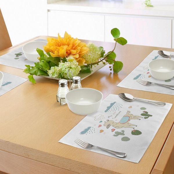 Tovagliette Abakuhaus Flamme, Simpatico Alpaca Astratto Sotto La Pioggia Con Illustrazione Effetto Pennellata Cactus, Decorazione Da Tavola In Tessuto Resistente Al Lavaggio Per Sala Da Pranzo E Cucina, Multicolore-image