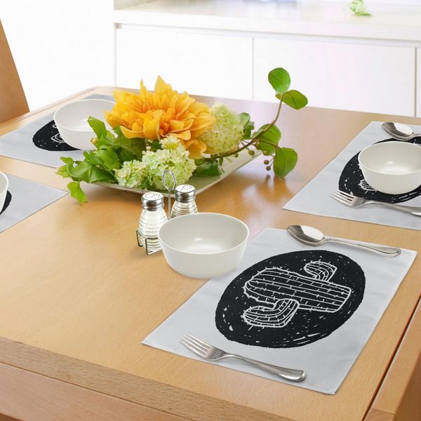Tovagliette Abakuhaus Cactus, Schizzi Artistici Con Tema Floreale Grungy Monochrom-Saguaro Della Flora Messicana, Tiscjdeco In Tessuto Resistente Al Lavaggio Per La Sala Da Pranzo E La Cucina, Bianco E Nero-image