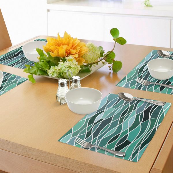 Tovagliette Abakuhaus Seafoam, Motivo Vetro Colorato Con Linee Ondulate E Composizione Geometrica Astratta A Mosaico, Tiscjdeco In Tessuto Resistente Al Lavaggio Per La Sala Da Pranzo E La Cucina, Multicolore-image