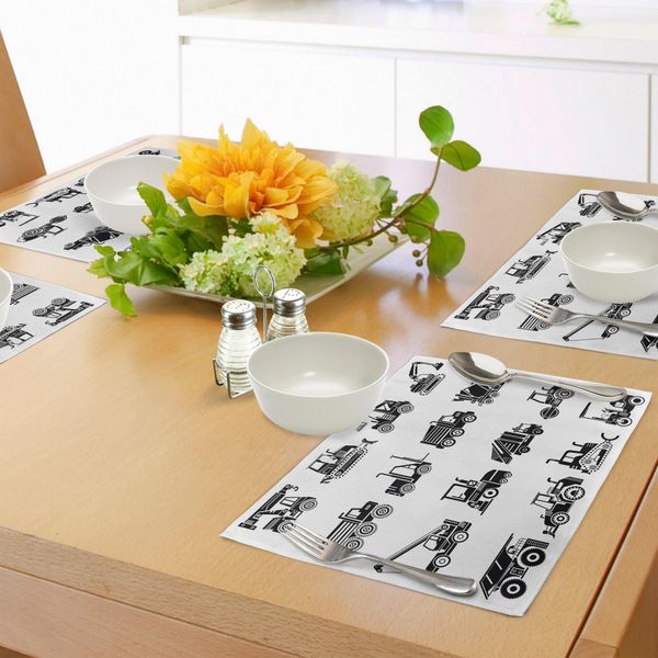 Abakuhaus "Tovagliette Per Bambini, Macchinari Pesanti E Veicoli Da Cantiere Disegnati In Nero Su Bianco, Tiscjdeco In Tessuto Resistente Ai Colori Per La Sala Da Pranzo E La Cucina, Bianco Nero"-image