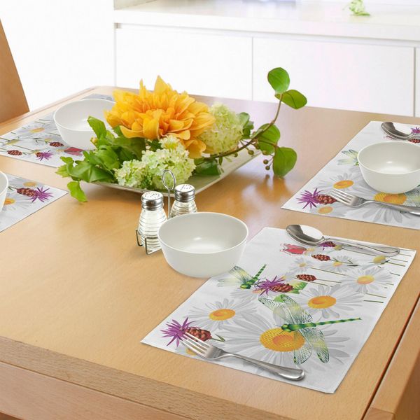 Tovagliette Abakuhaus Libelle, Campo Di Margherite Con Camomilla E Farfalle, Design Naturale, Tiscjdeco In Tessuto Resistente Al Lavaggio Per Sala Da Pranzo E Cucina, Verde Felce Bianco-image