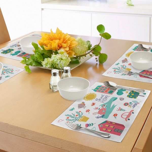 Abakuhaus Casa Dolce Casa, Felicità Assoluta Tovagliette, Collezione Di Graziosi Elementi Cartoon Fiori Animali Appartamenti Auto Albero, Tiscjdeco In Tessuto Resistente Al Colore Per La Sala Da Pranzo E La Cucina, Multicolore-image