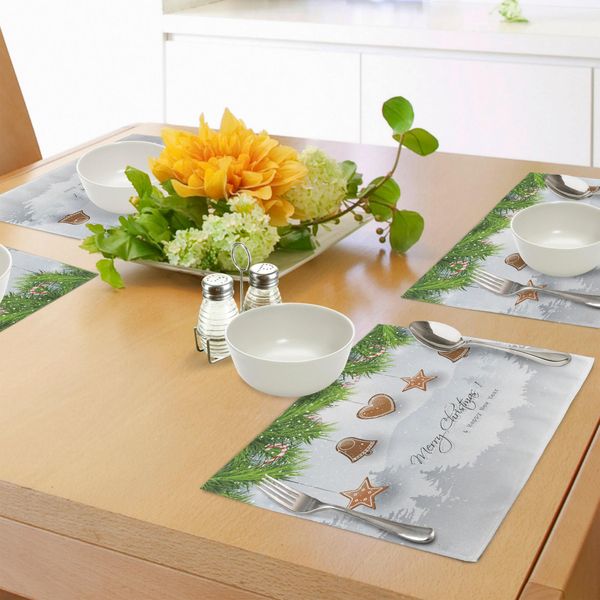 Tovagliette Natalizie Abakuhaus, Biscotti Di Panpepato Appesi A Un Ramo Di Abete, Decorazioni Da Tavola In Tessuto Resistente Al Lavaggio Per La Sala Da Pranzo E La Cucina, Marrone Chiaro, Grigio Chiaro, Verde.-image