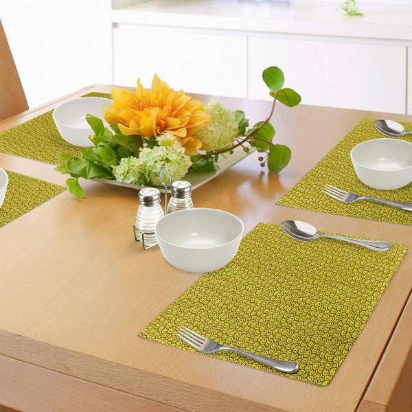 Abakuhaus Tovagliette Nere E Gialle, Simpatici Volti Circolari, Espressione Felice, Tiscjdeco In Tessuto Resistente Ai Colori Per La Sala Da Pranzo E La Cucina, Giallo E Nero-image
