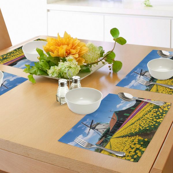 Tovagliette Abakuhaus Windmill, Rustico Paesaggio Olandese Con Tulipani Gialli Colorati Nel Paesaggio Europeo, Sottobicchieri In Tessuto Lavabile Decorazioni Per La Tavola Con Stampa, Multicolore-image