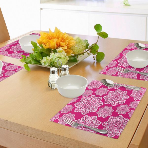 Tovagliette Abakuhaus Rosa, Motivo Floreale Bianco, Design Ornato Ispirato Al Mandala, Motivi Rotondi, Motivi Tradizionali, Tiscjdeco In Tessuto Resistente Al Lavaggio Per La Sala Da Pranzo E La Cucina, Rosa Bianco-image